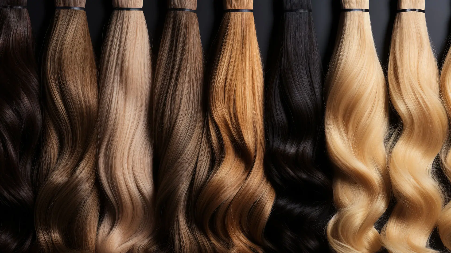 Strands of human hair in several shades, from black to blonde, side by side